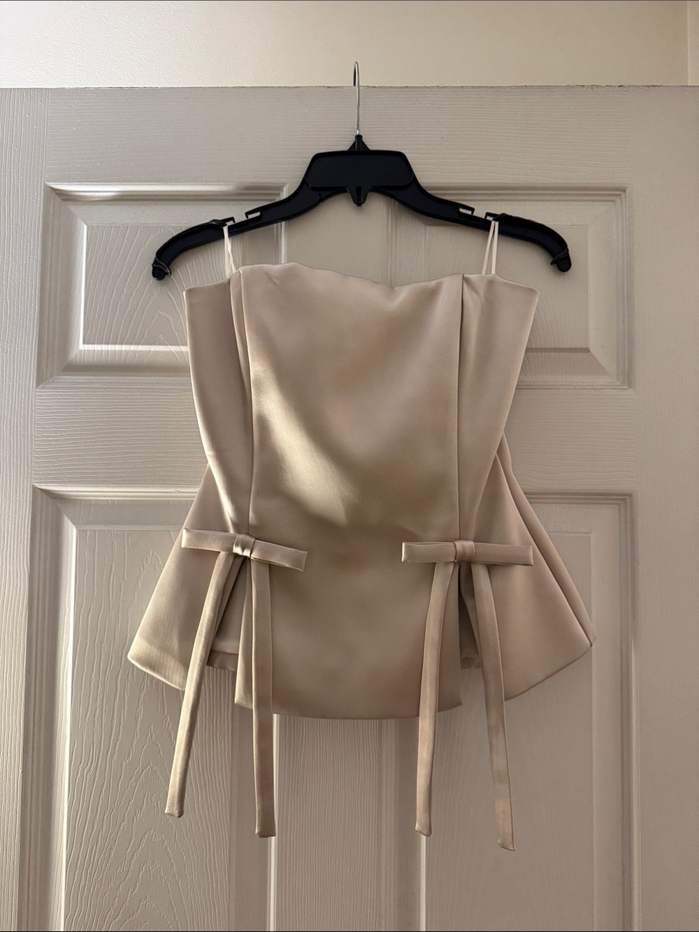 Zara Champagne Satin Strapless Top with Side Tie Details